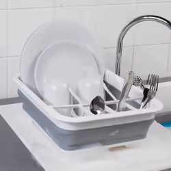 LA031051 Collapsible Dish Drainer - Plastic Sink Drying Rack With Cutlery Divider, Foldable For Compact Storage, Durable For Plates, Cups, Pots & Pans