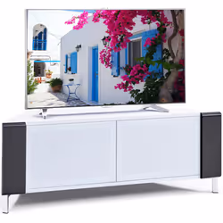 MDA Designs CORVUS Corner-Friendly White Black Contemporary Cabinet with White BeamThru Glass Doors for Flat Screen TVs up to ...