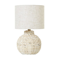 White Wash Small Bulbous Wicker Table Lamp With Linen Shade