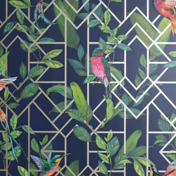 Arthouse Deco Tropical Metallic Birds Geometric Geo Wallpaper Trellis Leaves - 908003 Navy Blue Gold
