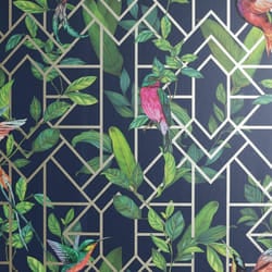 Arthouse Deco Tropical Metallic Birds Geometric Geo Wallpaper Trellis Leaves - 908003 Navy Blue Gold
