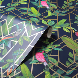Arthouse Deco Tropical Metallic Birds Geometric Geo Wallpaper Trellis Leaves - 908003 Navy Blue Gold