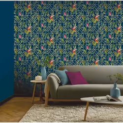 Arthouse Deco Tropical Metallic Birds Geometric Geo Wallpaper Trellis Leaves - 908003 Navy Blue Gold