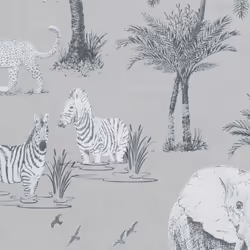 Safari Lagoon Themed Wallpaper Grey Zebra Tiger Elephant Smooth Finish