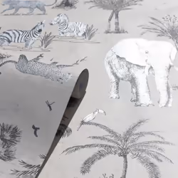 Safari Lagoon Themed Wallpaper Grey Zebra Tiger Elephant Smooth Finish