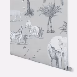 Safari Lagoon Themed Wallpaper Grey Zebra Tiger Elephant Smooth Finish