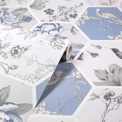 Arthouse Chinoise Decoupage Wallpaper Birds Floral Geometric Patchwork Flowers - 908903 Blue