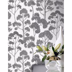 Delamere White Silver Wallpaper Arthouse Metallic Tree Natural Floral