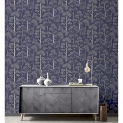 Delamere Navy Blue Silver Wallpaper Arthouse Metallic Tree Natural Floral