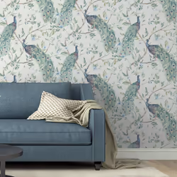 Arthouse Keeka Bird Navy Blue Wallpaper Peacock Floral Feathers Natural Modern