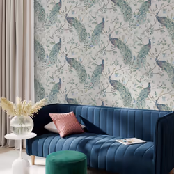Arthouse Keeka Bird Navy Blue Wallpaper Peacock Floral Feathers Natural Modern