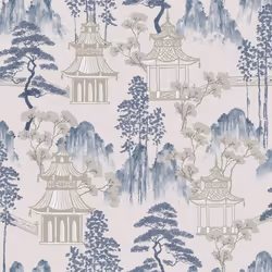 Arthouse Japanese Pagoda Blue Grey Wallpaper Floral Oriental