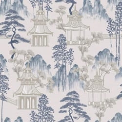 Arthouse Japanese Pagoda Blue Grey Wallpaper Floral Oriental