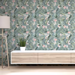 Arthouse Tropical Floral Sea Blue Wallpaper Flowers Pink Green Modern Naturistic