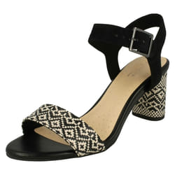 Ladies Clarks Block Heeled Peep Toe Sandals Amali Weave - D Fit - UK 6.5, Black