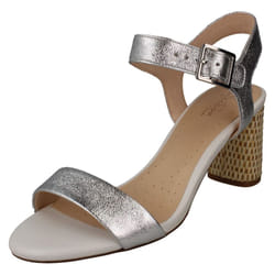 Ladies Clarks Block Heeled Peep Toe Sandals Amali Weave - D Fit - UK 4, Silver