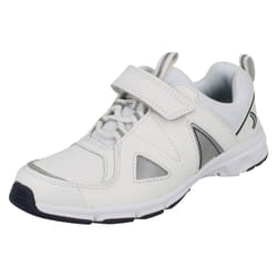 ) Boys Clarks Sporty Trainers Pass Club - F Fit - UK 10 Child, White/Navy (White