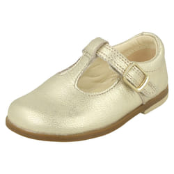 Girls Clarks T-Bar Shoes Drew Shine - F Fit - Gold, UK 6.5 Infant