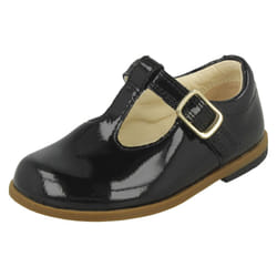 Girls Clarks T-Bar Shoes Drew Shine - G Fit - Black, UK 6 Infant