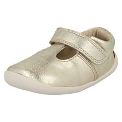 Girls Clarks T-Bar First Shoes Roamer Go - G Fit - Gold, UK 4.5 Infant