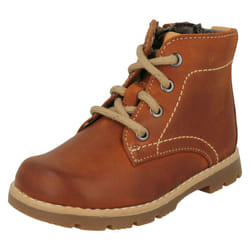 ) Infant Boys Clarks Lace Up Detailed Ankle Boots Comet Rock Inf - F Fit - UK 4 Infant, Tan (Brown