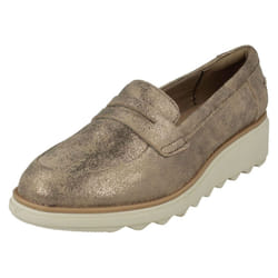) Ladies Clarks Casual Slip On Wedge Shoes Sharon Ranch - D Fit - UK 8, Pewter (Silver