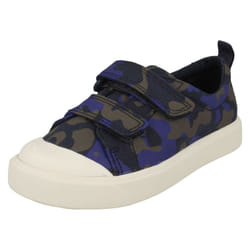 ) Childrens Boys Girls Clarks Pattern Detailed Canvas Shoes City Flare Lo T - F Fit - UK 4 Infant, Navy (Blue