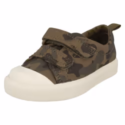 ) Childrens Boys Girls Clarks Pattern Detailed Canvas Shoes City Flare Lo T - G Fit - UK 4 Infant, Olive (Green