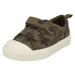 ) Childrens Boys Girls Clarks Pattern Detailed Canvas Shoes City Flare Lo T - G Fit - UK 4 Infant, Olive (Green
