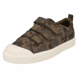 Childrens Boys Girls Clarks Hook And Loop Canvas Shoes City Flare Lo K - F Fit - Khaki, UK 11 Child