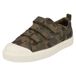 Childrens Boys Girls Clarks Hook And Loop Canvas Shoes City Flare Lo K - F Fit - Khaki, UK 11 Child