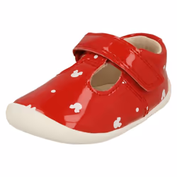 Girls Clarks Disney Detailed T-Bar Shoes Roamer Polka - F Fit - UK 5 Infant, Red