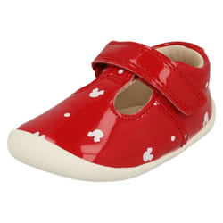 Girls Clarks Disney Detailed T-Bar Shoes Roamer Polka - F Fit - UK 5 Infant, Red