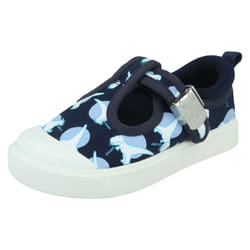 Boys Clarks Casual T-Bar Shoes City Dance - G Fit - Navy, UK 4 Infant