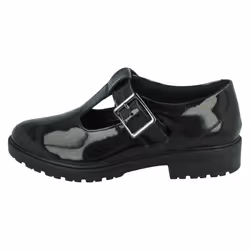 Girls Clarks T-Bar School Shoes Loxham Shine - Black, UK 7 Child