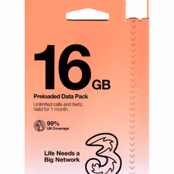 Three Preloaded PAYG Voice SIM Pack - 16Gb
