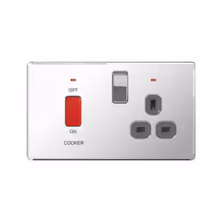 BG Flatplate Screwless 45A DP Switch With 13A Neon Socket Chrome (Grey Inserts)