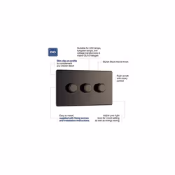 BG Electrical Screwless Flat Plate Triple Dimmer Intelligent Light Switch, Black Nickel, 2-Way