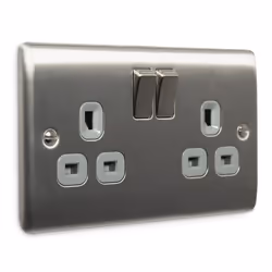 Masterplug NBS22G 13 A 2-Gang Metal Brushed Steel Switched Socket - Grey Insert