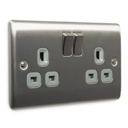 Masterplug NBS22G 13 A 2-Gang Metal Brushed Steel Switched Socket - Grey Insert