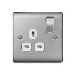 Nexus Brushed Steel Switched Socket 13a White Inset 1 Gang [NBS21W]