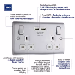 BG nbs22u3w Electrical Double Switched Fast Power Socket with Two USB Charging Ports, 13 Amp, Brushed Steel, Label â1'