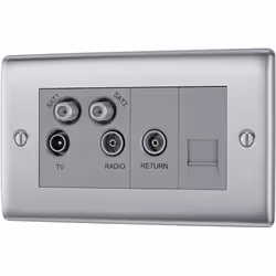 BG Electrical NBS69-01 Quadplex TV/FM and Double Satellite Socket, Brushed Steel with White Inserts, 2.7 cm*8.6 cm*14.6 cm