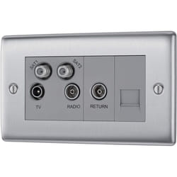 BG Electrical NBS69-01 Quadplex TV/FM and Double Satellite Socket, Brushed Steel with White Inserts, 2.7 cm*8.6 cm*14.6 cm