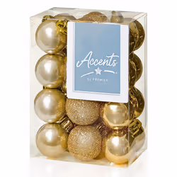 30mm Champagne Gold Christmas Baubles | 24 Assorted | Shatterproof Tree Decorations