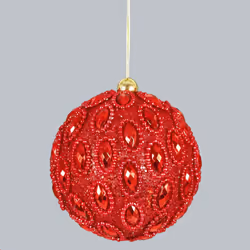 Set of 4 Glitter & Gem Christmas Tree Hanging Decorations - Red
