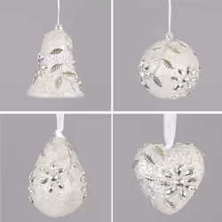 Set of 4 Glitter & Gem Christmas Tree Hanging Decorations - Silver Olive Flower