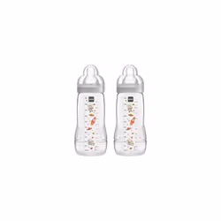 MAM Easy Active Baby Bottle with Fast Flow MAM Teats Size 3, Twin Pack of Baby Bottles, Baby Feeding, 330 ml, Grey (Designs M ...