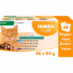 IAMS Delights Complete Wet Cat Food for Adult 1+ Cats Meat and Fish Variety in Jelly Multipack 48 x 85 g Pouches