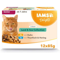 IAMS Delights Complete Wet Cat Food for Senior 7+ Cats Meat and Fish Variety in Gravy Multipack 12 x 85 g Pouches
